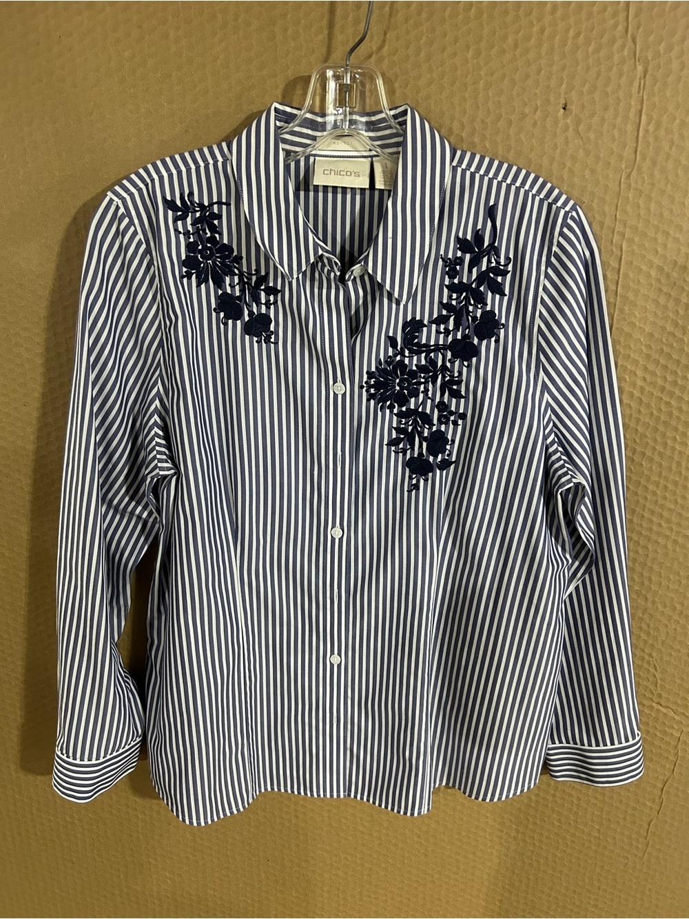 Chico's Navy and White Striped Button-Down with Navy Floral Embroidery